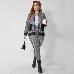 Plus Houndstooth Print Bomber Jacket & Pants